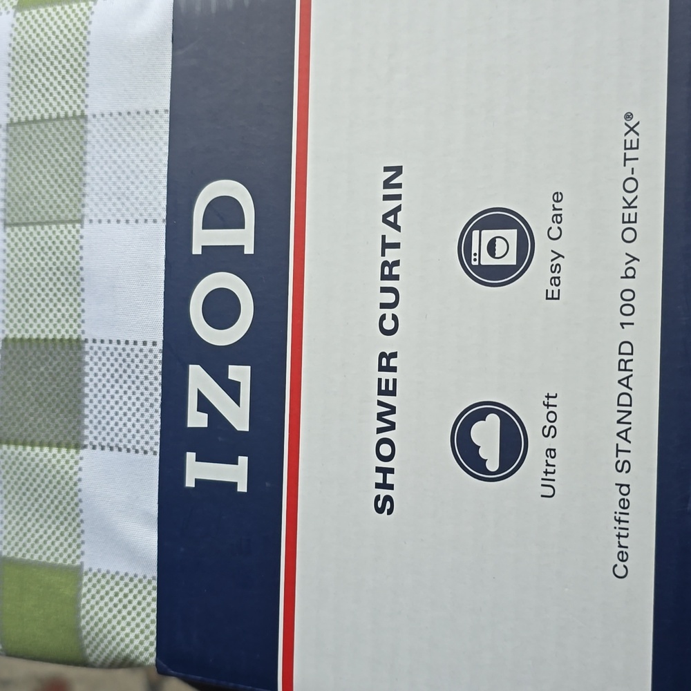 IZOD GREEN, GRAY, AND WHITE CHECKERED SHOWER CURTAIN
